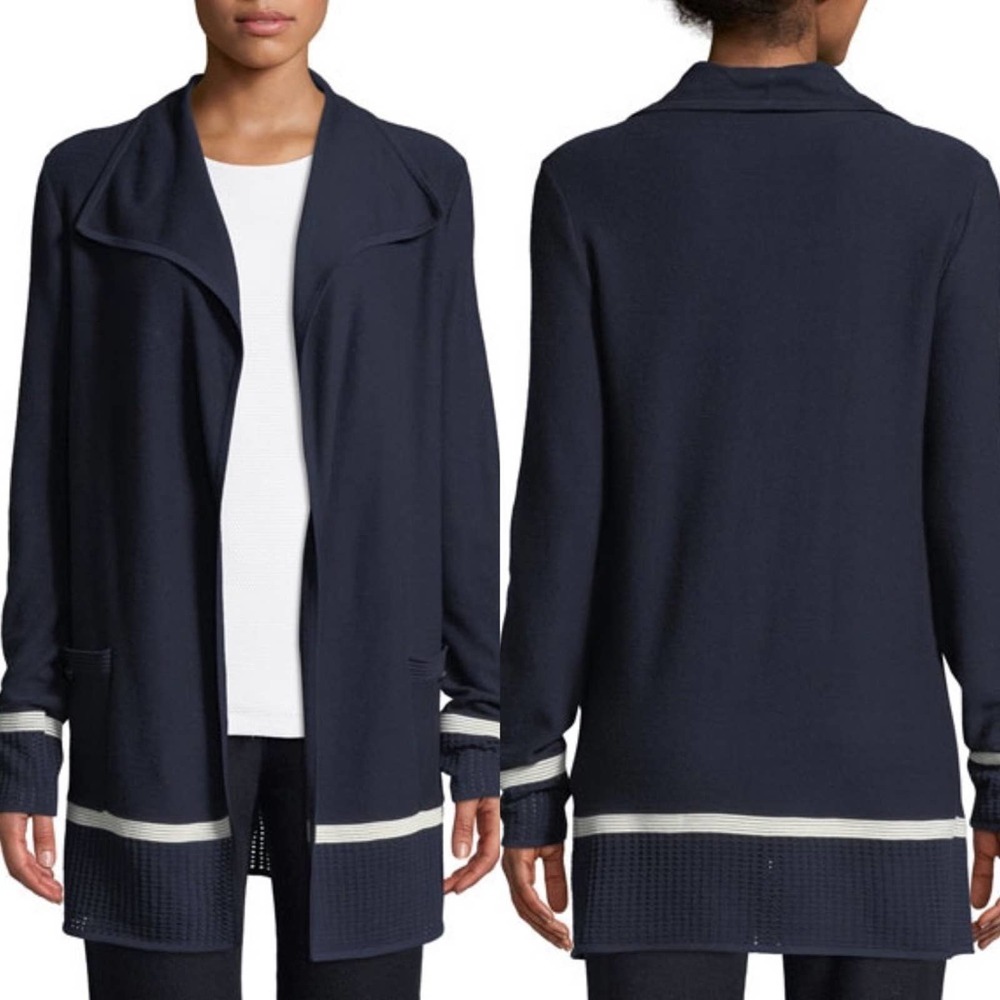 St. John Birdseye Mesh Knit Drape-Front Cardigan & Matching Top/Small